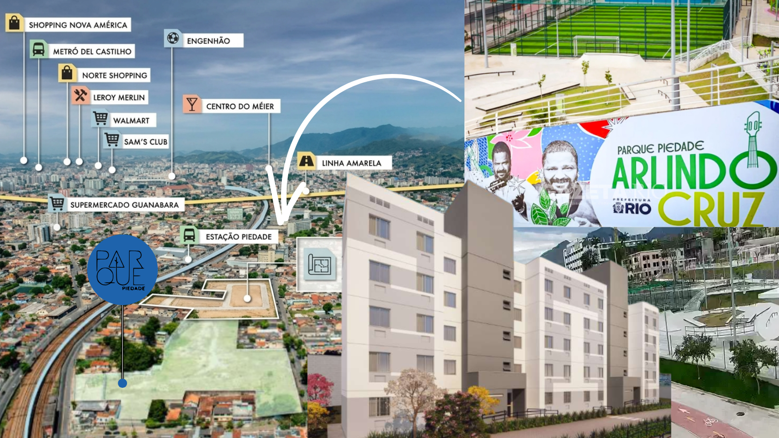 Mapa de localização do Parque Piedade Cury: terreno na Zona Norte do Rio de Janeiro com fachada do empreendimento e Parque Arlindo Cruz, próximo à Estação Piedade, Linha Amarela, Norte Shopping e comércio